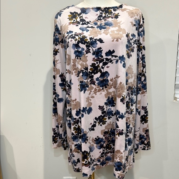 Pure.Jill Size Large Floral Velvet Tunic in Blue and Tan Long Sleeve - Picture 1 of 13